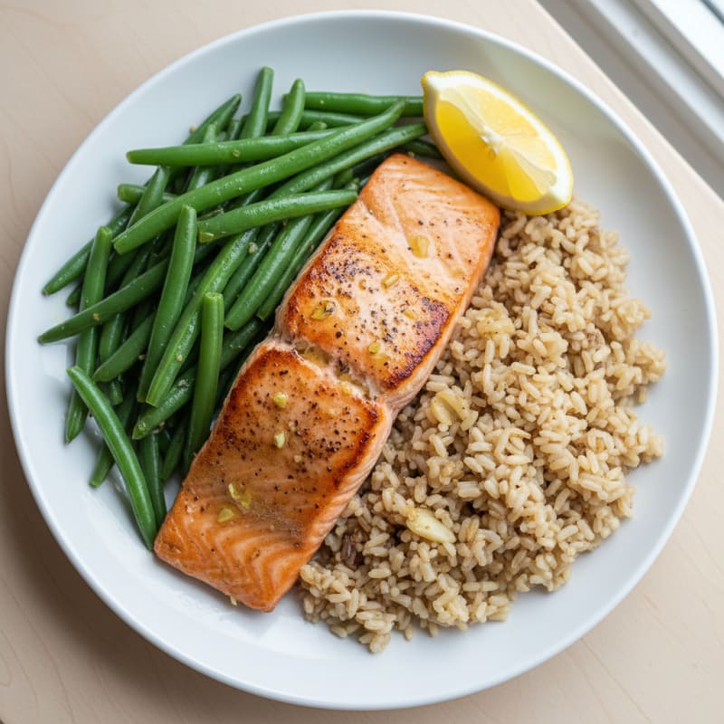Seared Salmon with Steamed Green Beans and Garlic Brown Rice