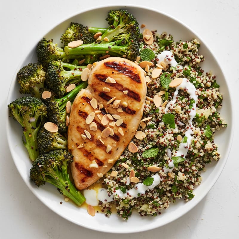 Grilled Chicken Breast with Roasted Broccoli and Quinoa Salad