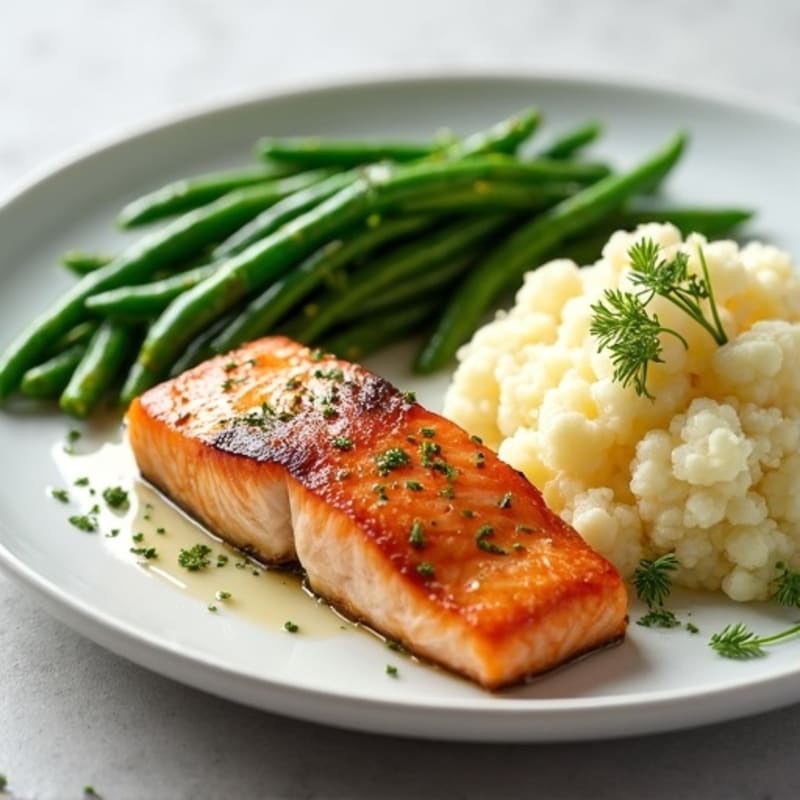 Seared Salmon with Garlic Green Beans and Mashed Cauliflower
