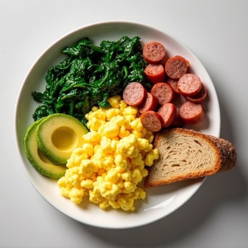 Egg White Scramble with Turkey Sausage and Sautéed Spinach
