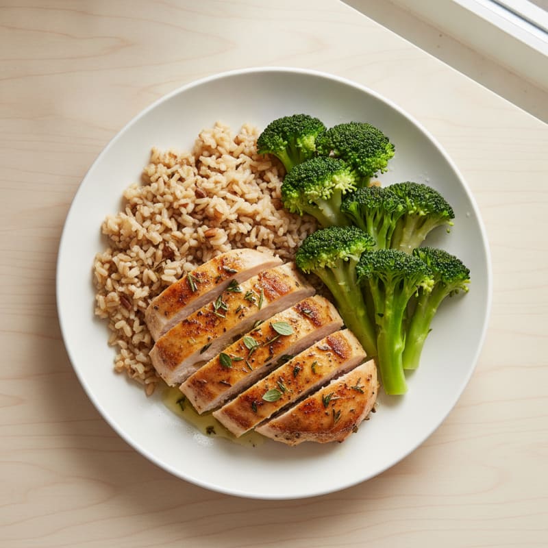 Herb-Roasted Chicken Breast with Steamed Broccoli and Brown Rice