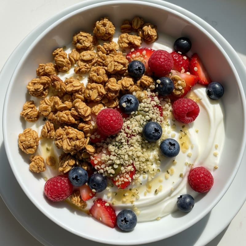 Silky Greek Yogurt Bowl with Protein Granola and Mixed Berries