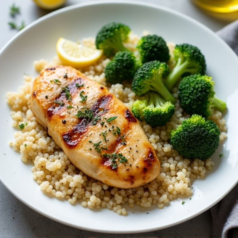 Grilled Lemon Herb Chicken Breast with Quinoa and Steamed Broccoli