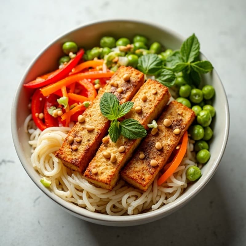 Crispy Tofu and Rice Noodle Bowl with Zesty Peanut Dressing