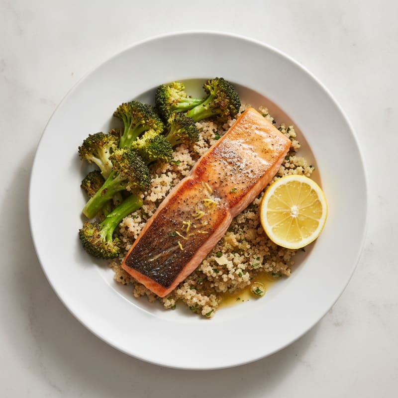 Seared Salmon Filet with Roasted Broccoli and Garlic Quinoa