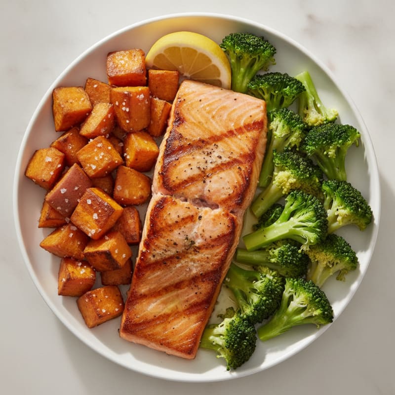 Seared Salmon with Roasted Sweet Potato and Steamed Broccoli