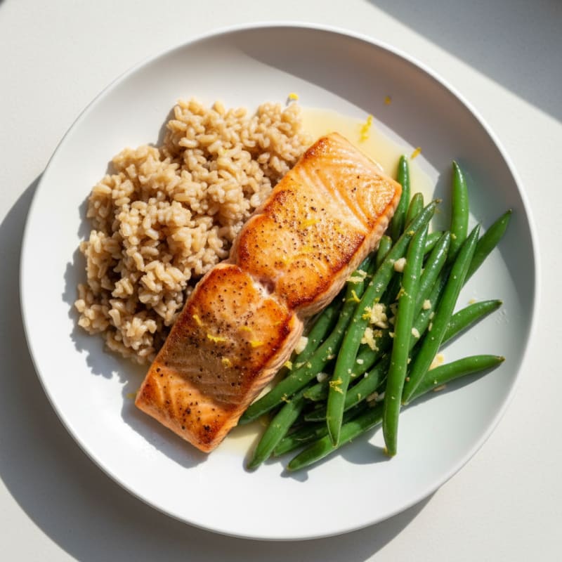 Seared Salmon with Garlic Green Beans and Brown Rice