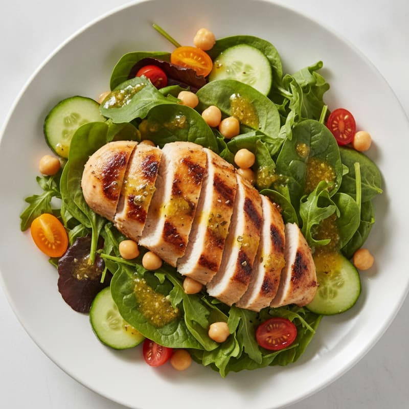 Grilled Chicken Breast over Mixed Greens Salad with Chickpeas