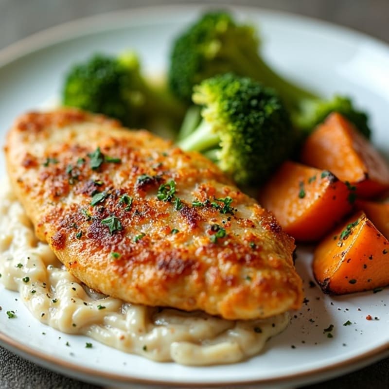 Crispy Lemon Herb Chicken with Roasted Broccoli and Sweet Potato