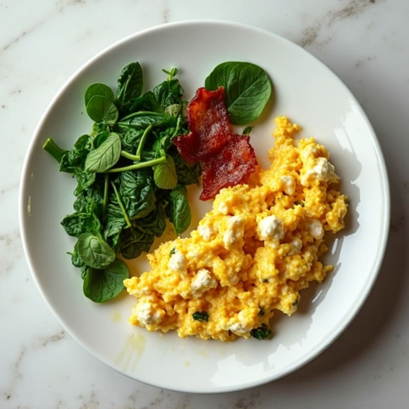 Egg White Spinach Scramble with Cottage Cheese and Turkey Bacon
