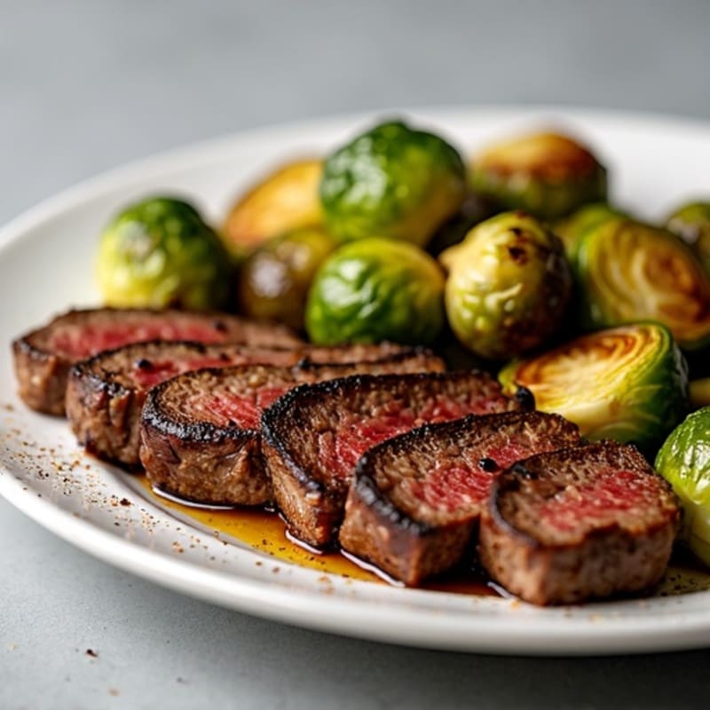 Pan-Seared Skirt Steak with Crispy Roasted Brussels Sprouts