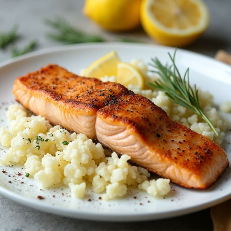 Crispy Pan-Seared Salmon with Creamy Lemon-Dill Cauliflower Rice