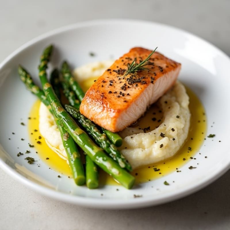 Seared Salmon Fillet with Steamed Asparagus and Garlic Cauliflower Mash