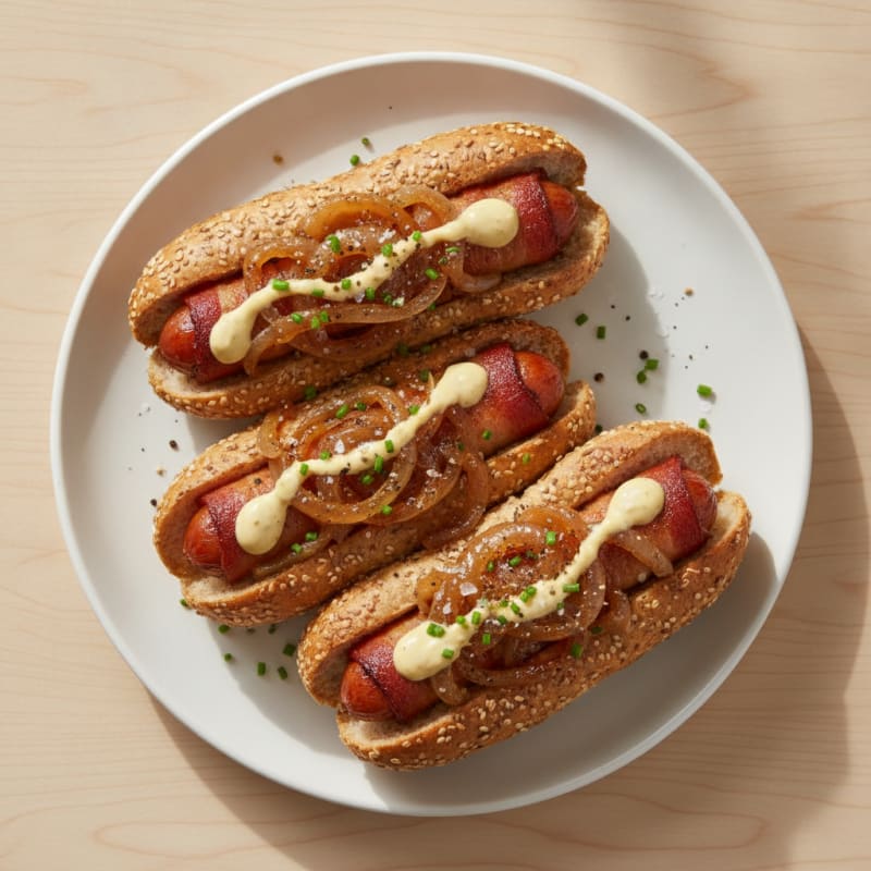 Bacon-Wrapped Hot Dogs with Caramelized Onions