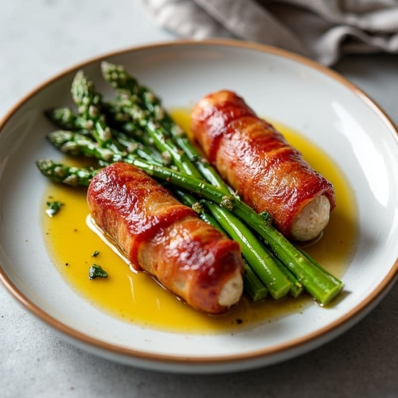 Crispy Turkey Bacon-Wrapped Lean Chicken Sausage with Roasted Asparagus