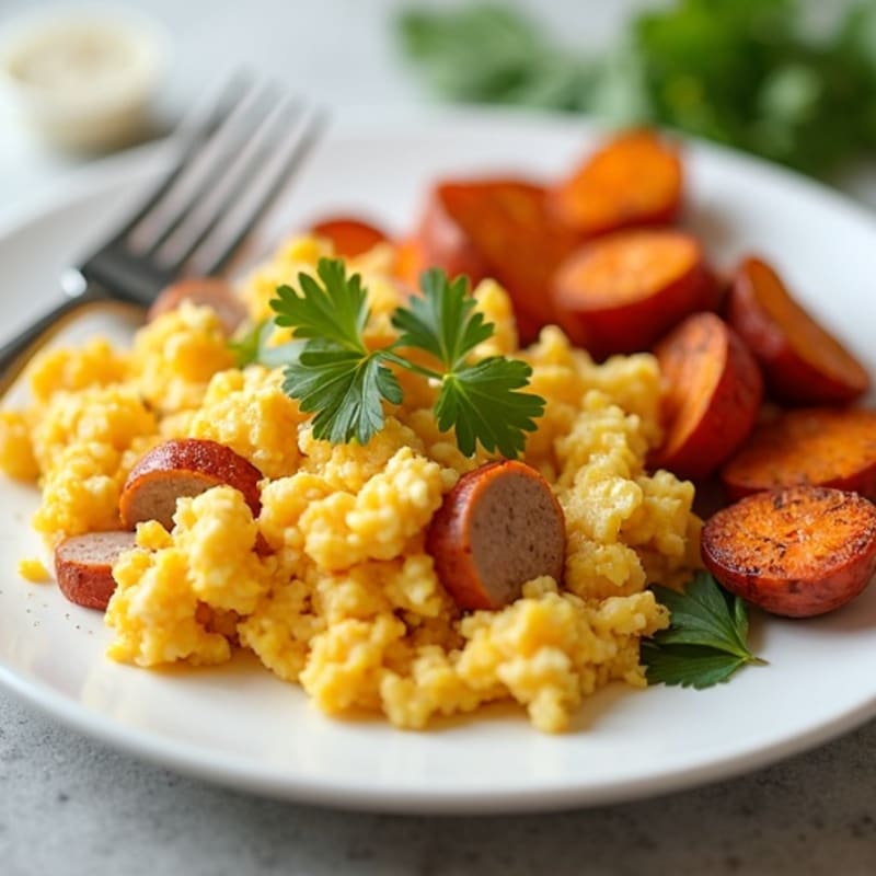 Egg White Scramble with Turkey Sausage and Roasted Sweet Potatoes