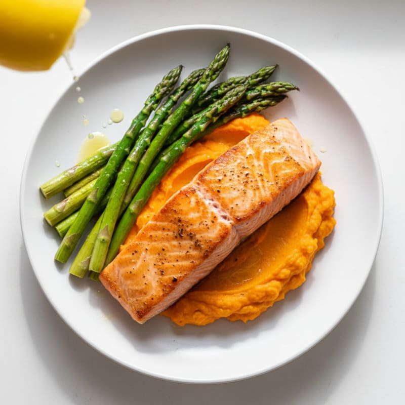 Seared Salmon Fillet with Roasted Asparagus and Sweet Potato Mash