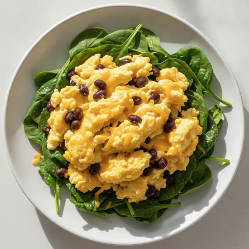 Cheesy Scrambled Eggs with Black Beans and Sautéed Spinach