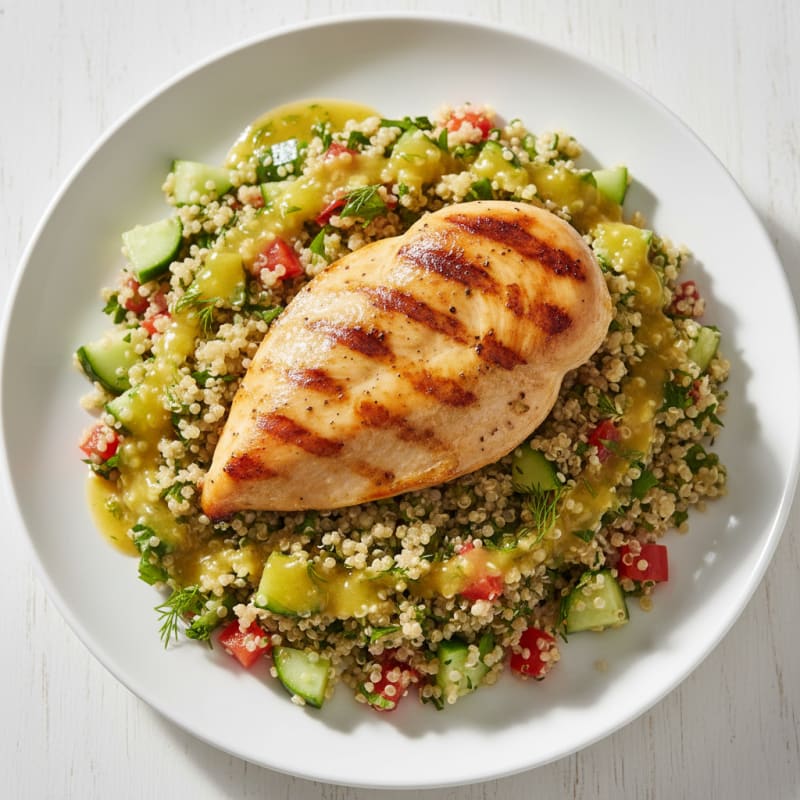 Grilled Chicken Breast with Crunchy Quinoa Salad and Lemon Dressing
