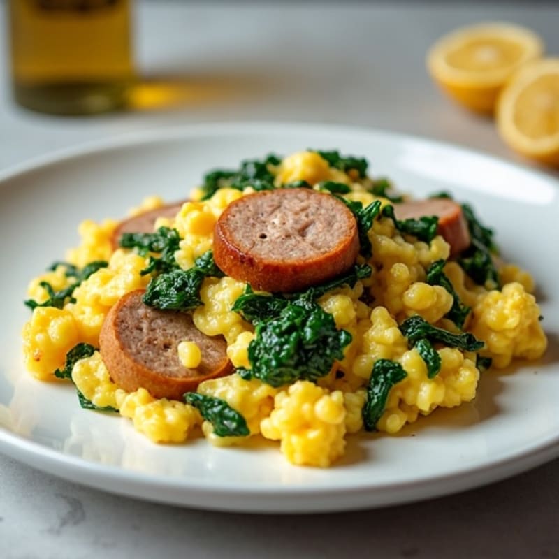 Egg White Scramble with Turkey Sausage and Sautéed Spinach