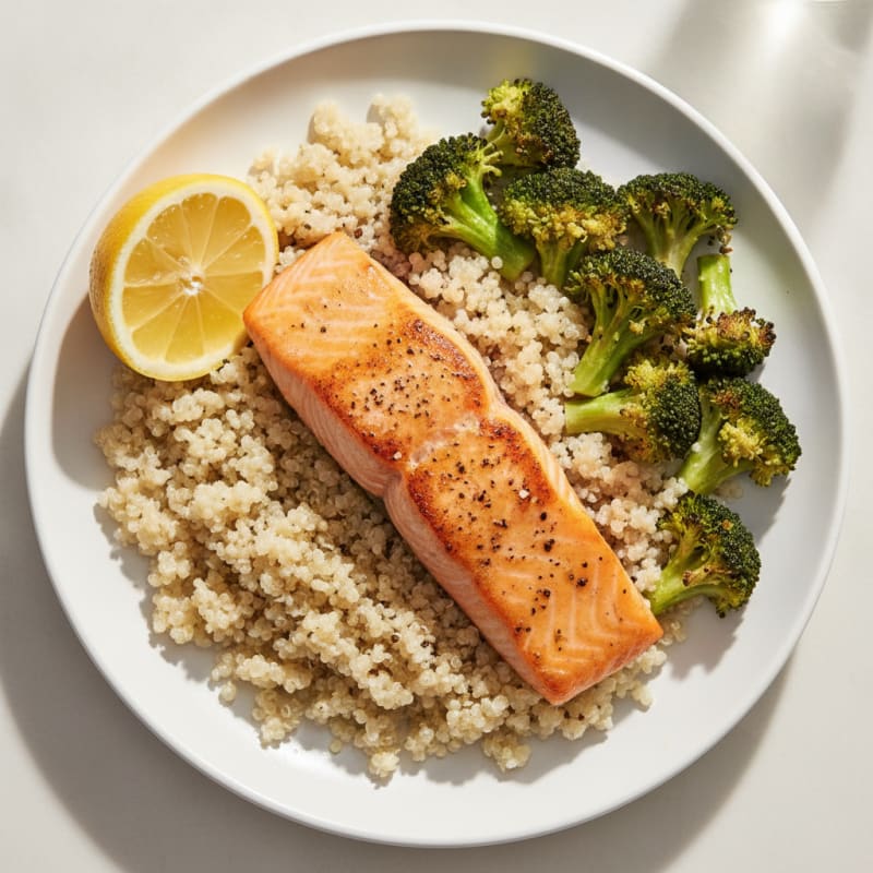 Seared Salmon Fillet with Roasted Broccoli and Quinoa