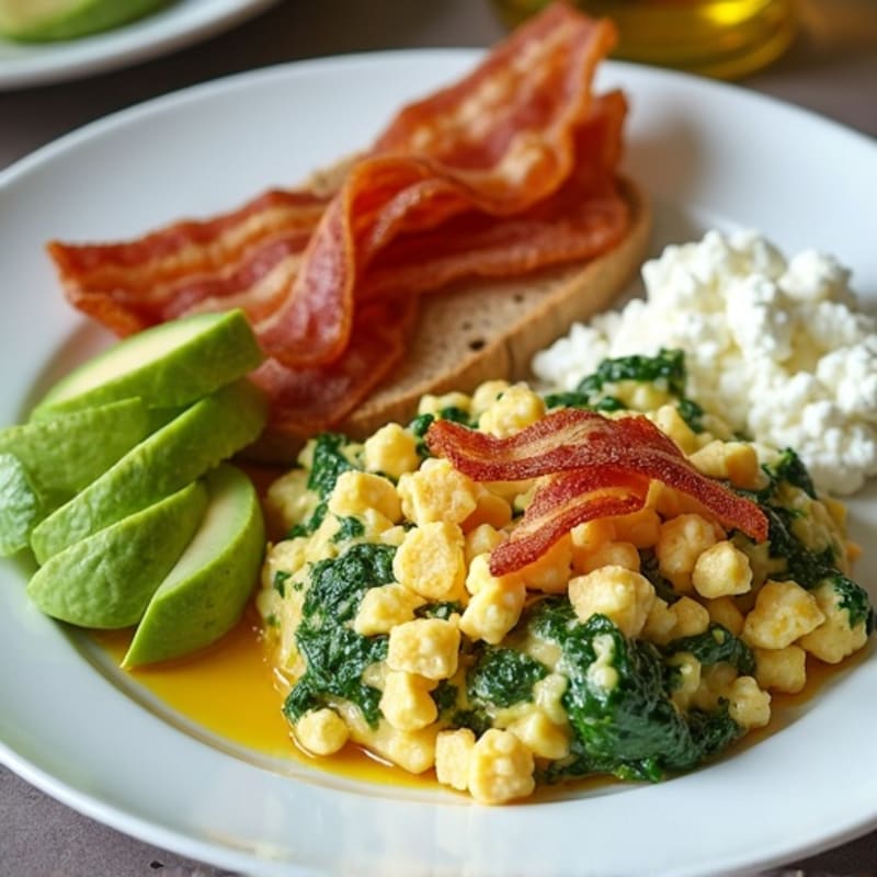Egg White and Spinach Scramble with Cottage Cheese and Turkey Bacon