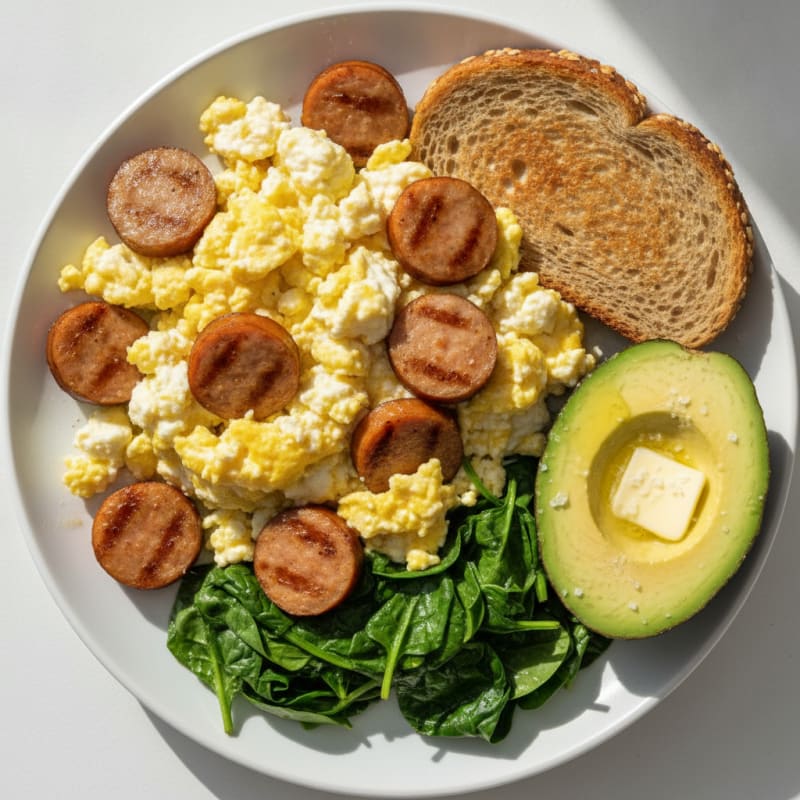 Cottage Cheese Scramble with Chicken Sausage and Sautéed Spinach