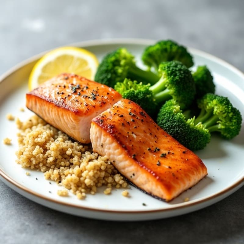 Seared Salmon with Steamed Broccoli and Quinoa