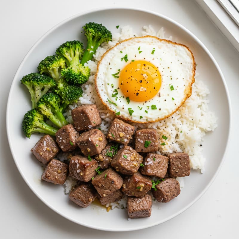 Pan-Seared Garlic Butter Beef with Fried Egg and Rice