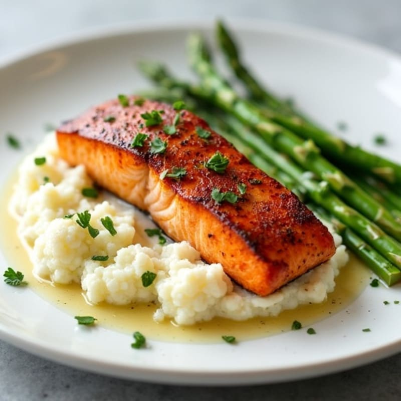 Seared Salmon with Steamed Asparagus and Cauliflower Mash