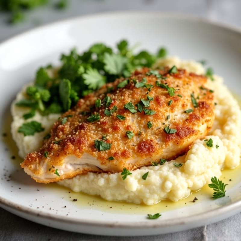 Herb-Crusted Baked Chicken with Roasted Garlic Mashed Cauliflower