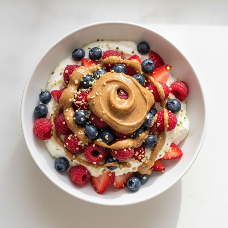 Greek Yogurt Protein Parfait with Mixed Berries and Almond Butter