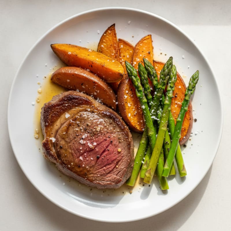 Pan-Seared Grass-Fed Steak with Crispy Roasted Sweet Potatoes