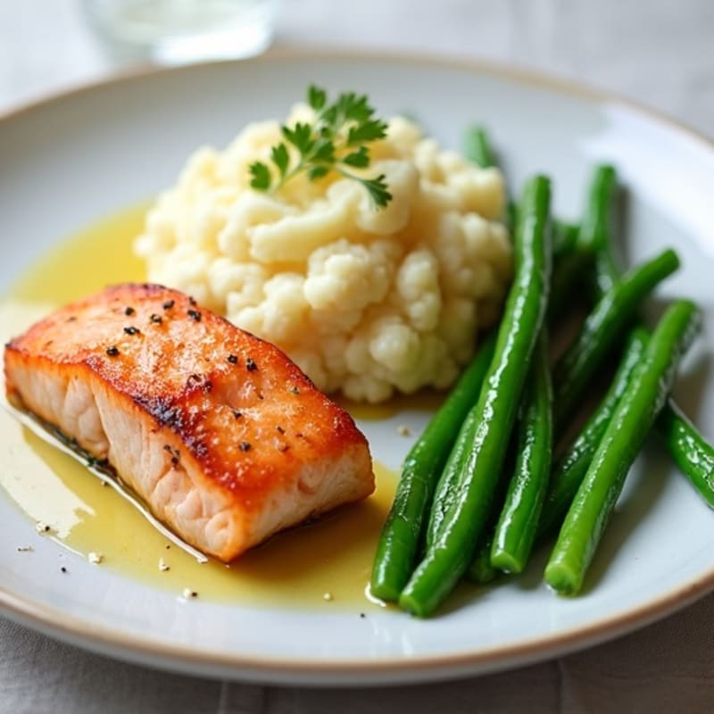 Seared Salmon with Steamed Green Beans and Garlic Mashed Cauliflower