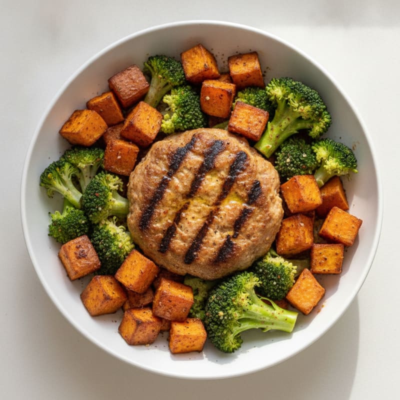 Grilled Turkey Burger Bowl with Steamed Broccoli and Sweet Potato