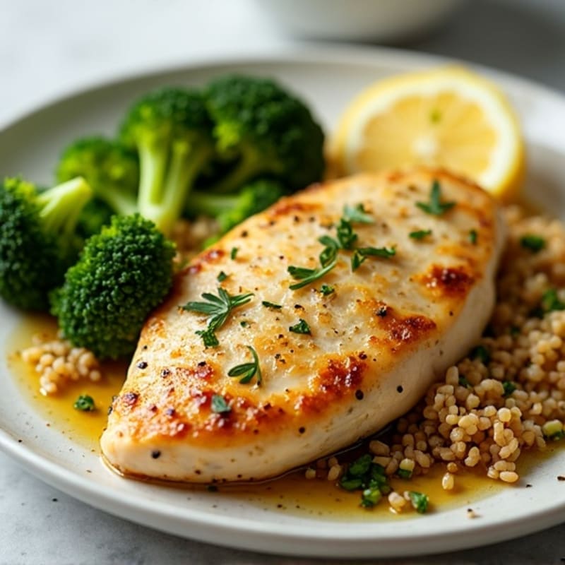 Lemon-Garlic Pan-Seared Chicken with Roasted Broccoli and Quinoa