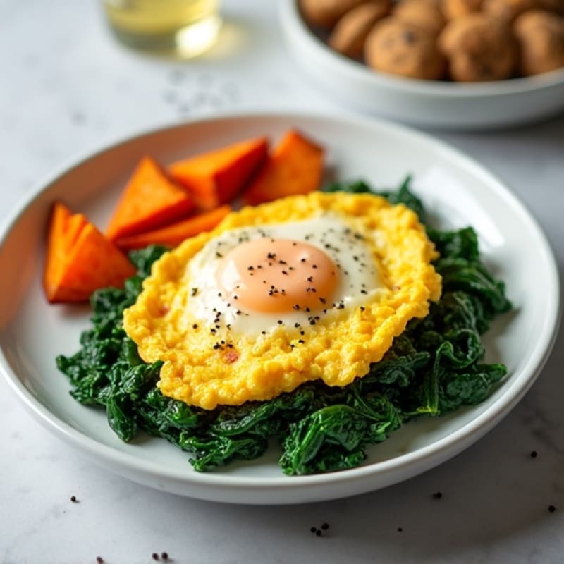 Protein-Packed Scrambled Eggs with Sautéed Spinach and Roasted Sweet Potato