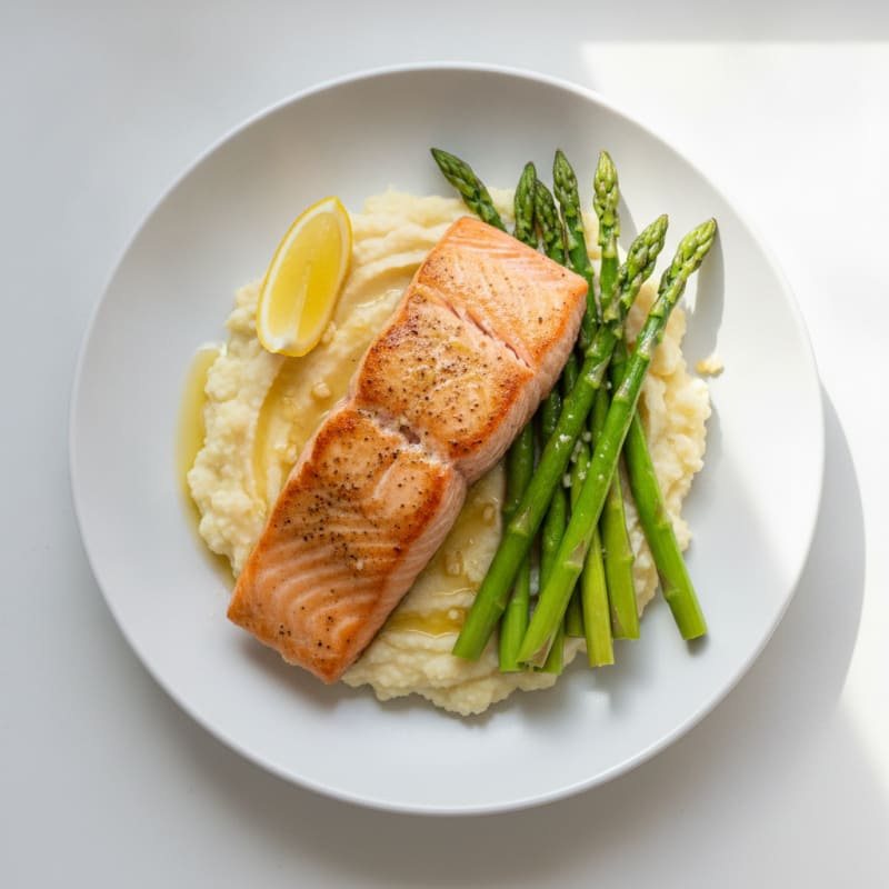 Seared Salmon with Steamed Asparagus and Cauliflower Mash