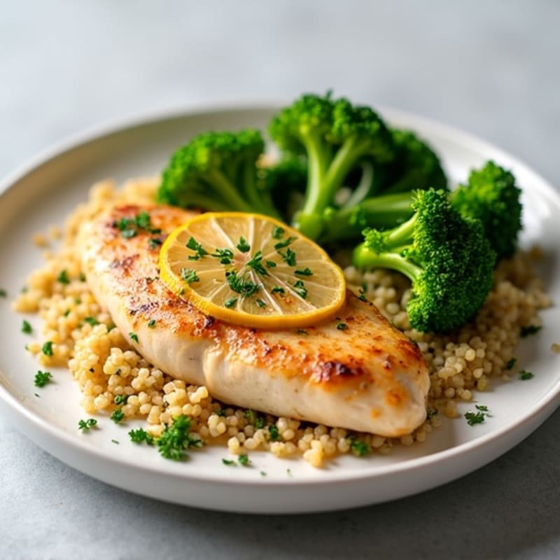 Seared Lemon-Garlic Chicken Breast with Steamed Broccoli and Quinoa