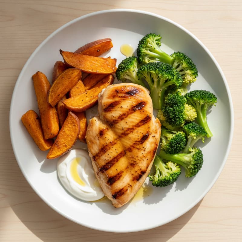 Grilled Chicken Breast with Roasted Sweet Potatoes and Steamed Broccoli