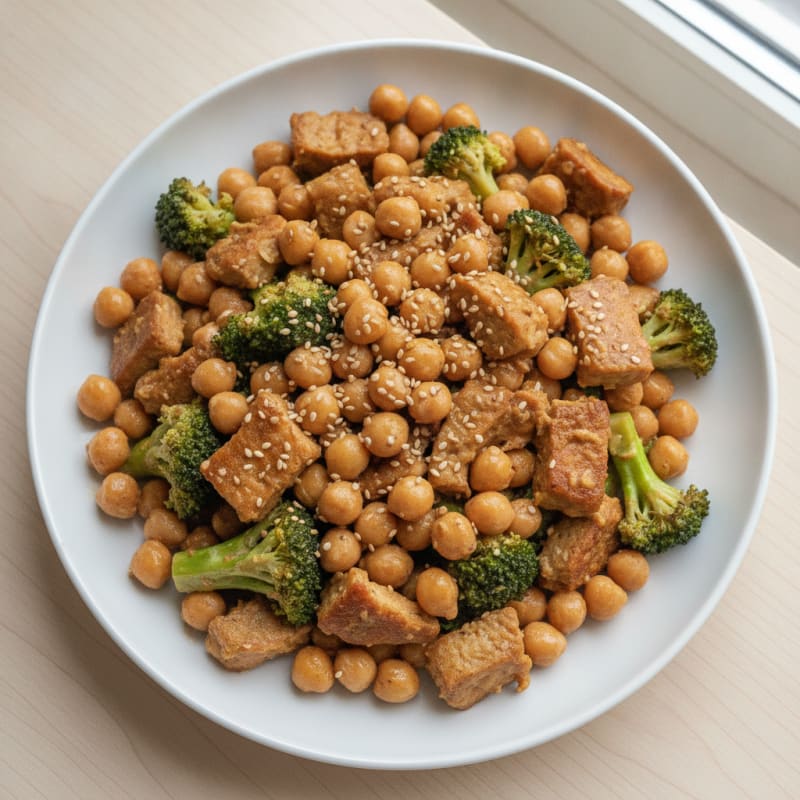 Chickpea and Seitan Stir Fry with Broccoli and Cashew Sauce