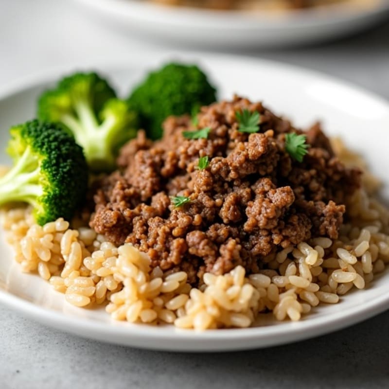 Savory Lean Ground Beef with Fluffy Brown Rice and Roasted Broccoli
