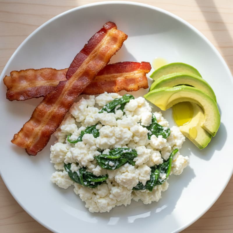 Cottage Cheese and Egg White Scramble with Spinach and Turkey Bacon