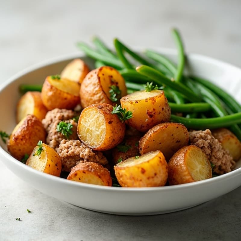 Crispy Roasted Potatoes with Lean Ground Turkey and Fresh Green Beans