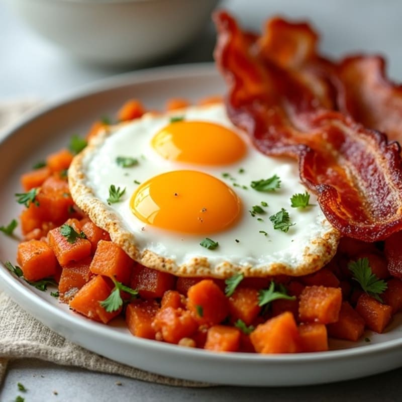 Sweet Potato Hash with Sunny-Side Up Eggs and Crispy Turkey Bacon