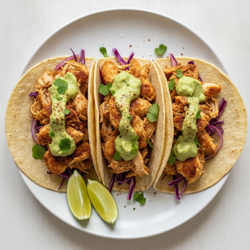 Chicken Carnitas Tacos with Avocado Crema