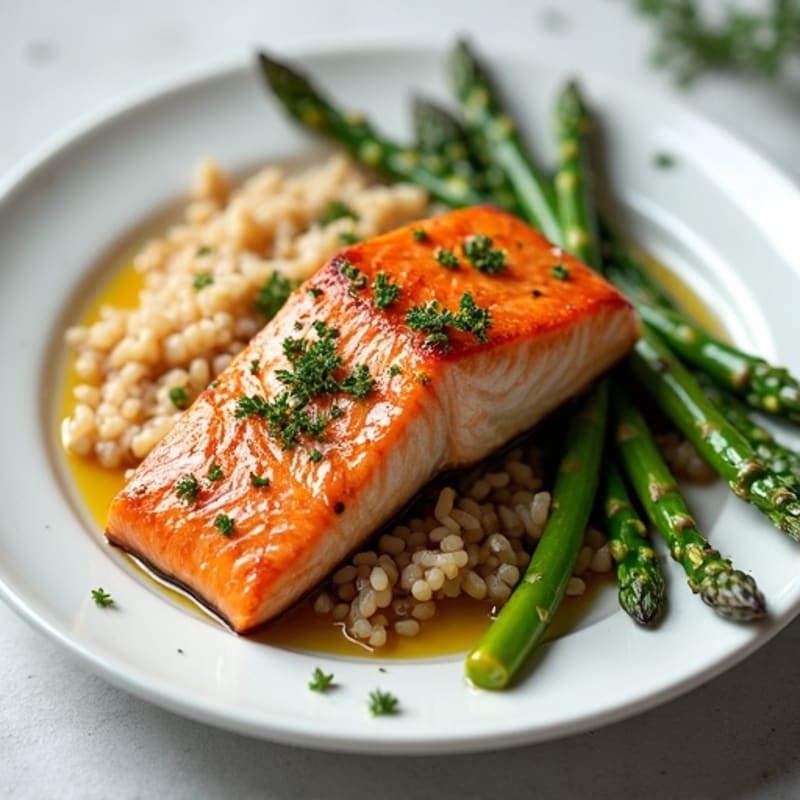 Seared Salmon Fillet with Steamed Asparagus and Brown Rice