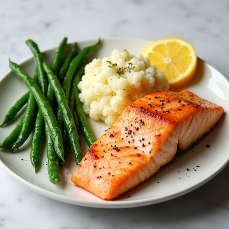 Seared Salmon with Steamed Green Beans and Garlic Mashed Cauliflower