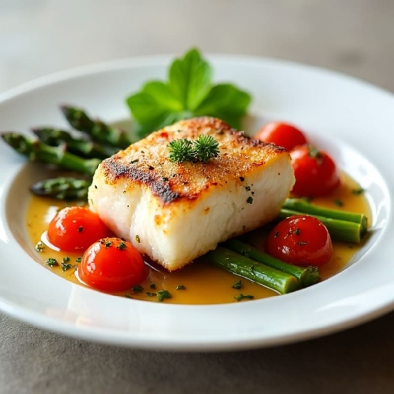 Seared Cod with Roasted Asparagus and Cherry Tomatoes