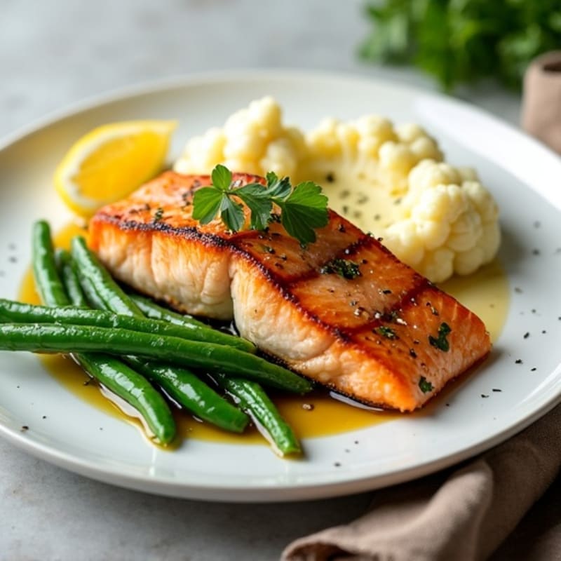 Seared Salmon with Garlic Green Beans and Mashed Cauliflower
